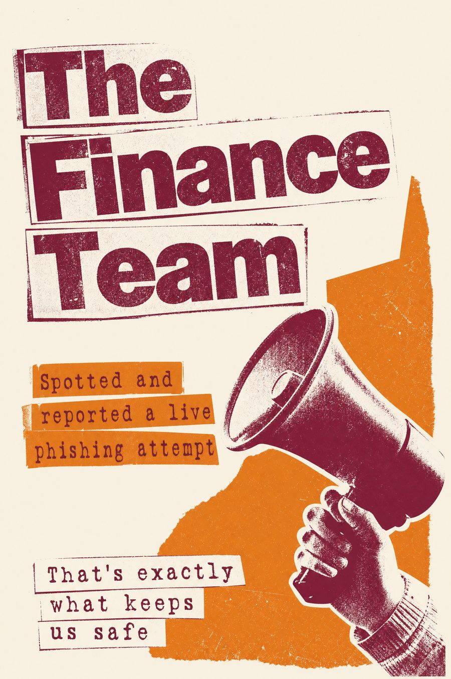 Xerox punk style recognition poster reading The Finance Team in burnt orange and damson on an off white background