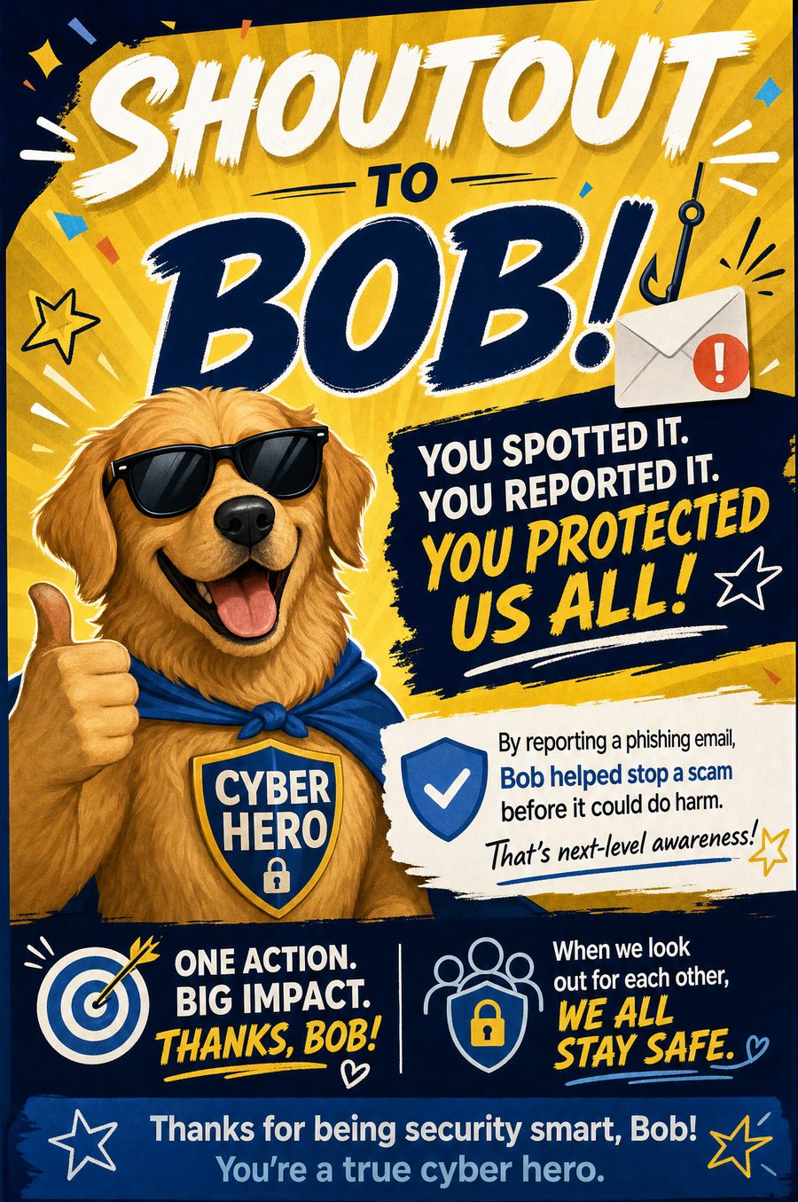 Generic AI-generated shoutout poster featuring a cartoon dog mascot in sunglasses, confetti and glow effects